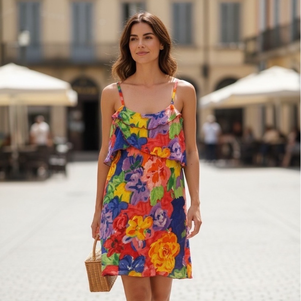 Jams World Splendor Floral Mini Dress Womens Multicolor Ruffle Rayon Summer Med‎